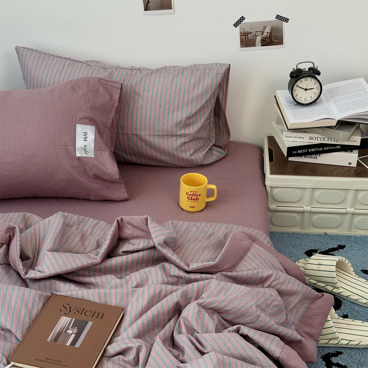 91家纺网 家纺一手货源 找家纺 拾一 2026新款简约日式条纹软糯水洗棉木棉夏凉被四件套单件空调被 夏凉被 紫-绿条