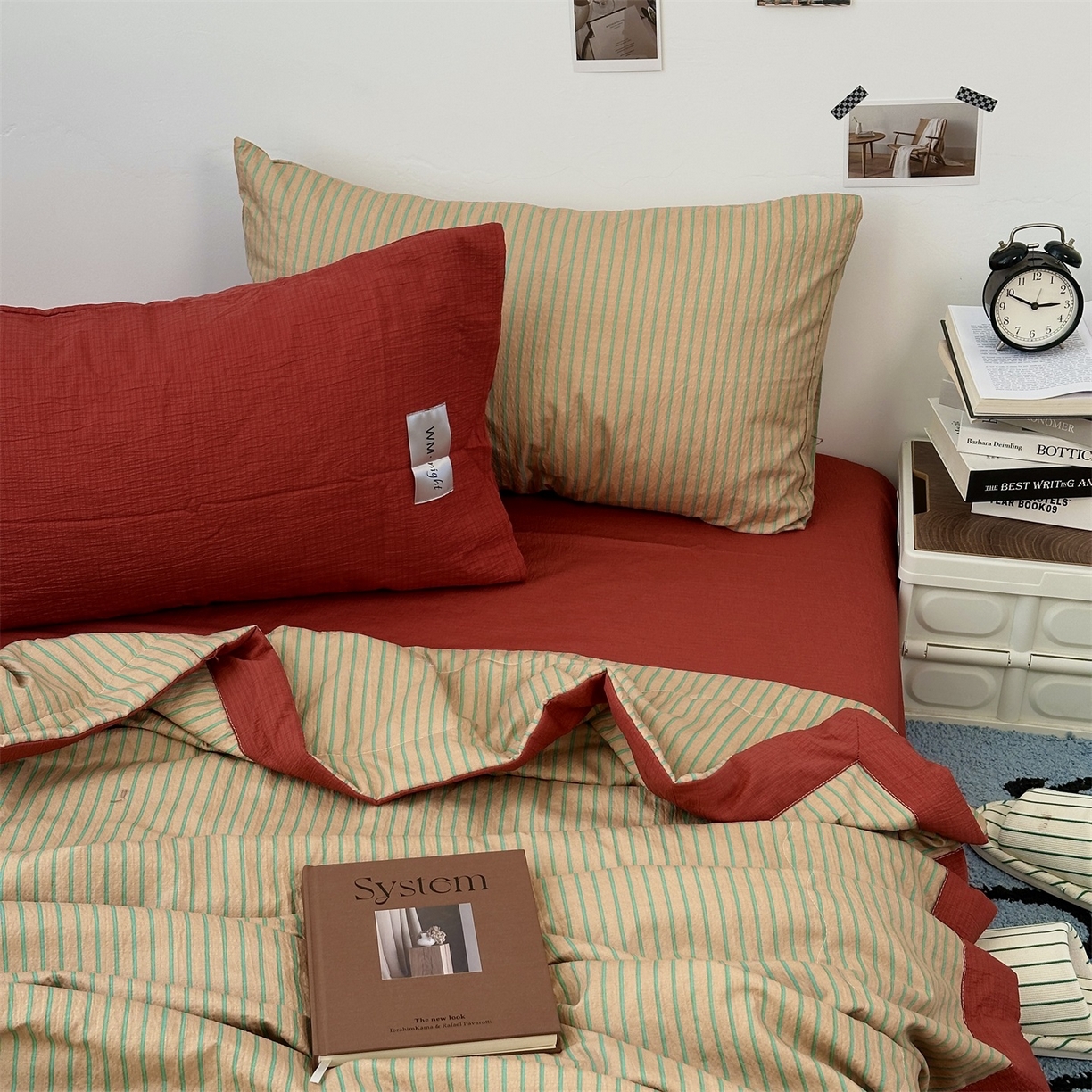 91家纺网 家纺一手货源 找家纺 拾一 2026新款简约日式条纹软糯水洗棉木棉夏凉被四件套单件空调被 夏凉被 浅咖-绿条