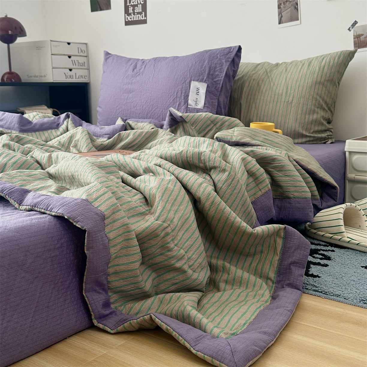 91家纺网 家纺一手货源 找家纺 拾一 2026新款简约日式条纹软糯水洗棉木棉夏凉被四件套单件空调被 夏凉被 草绿-绿条