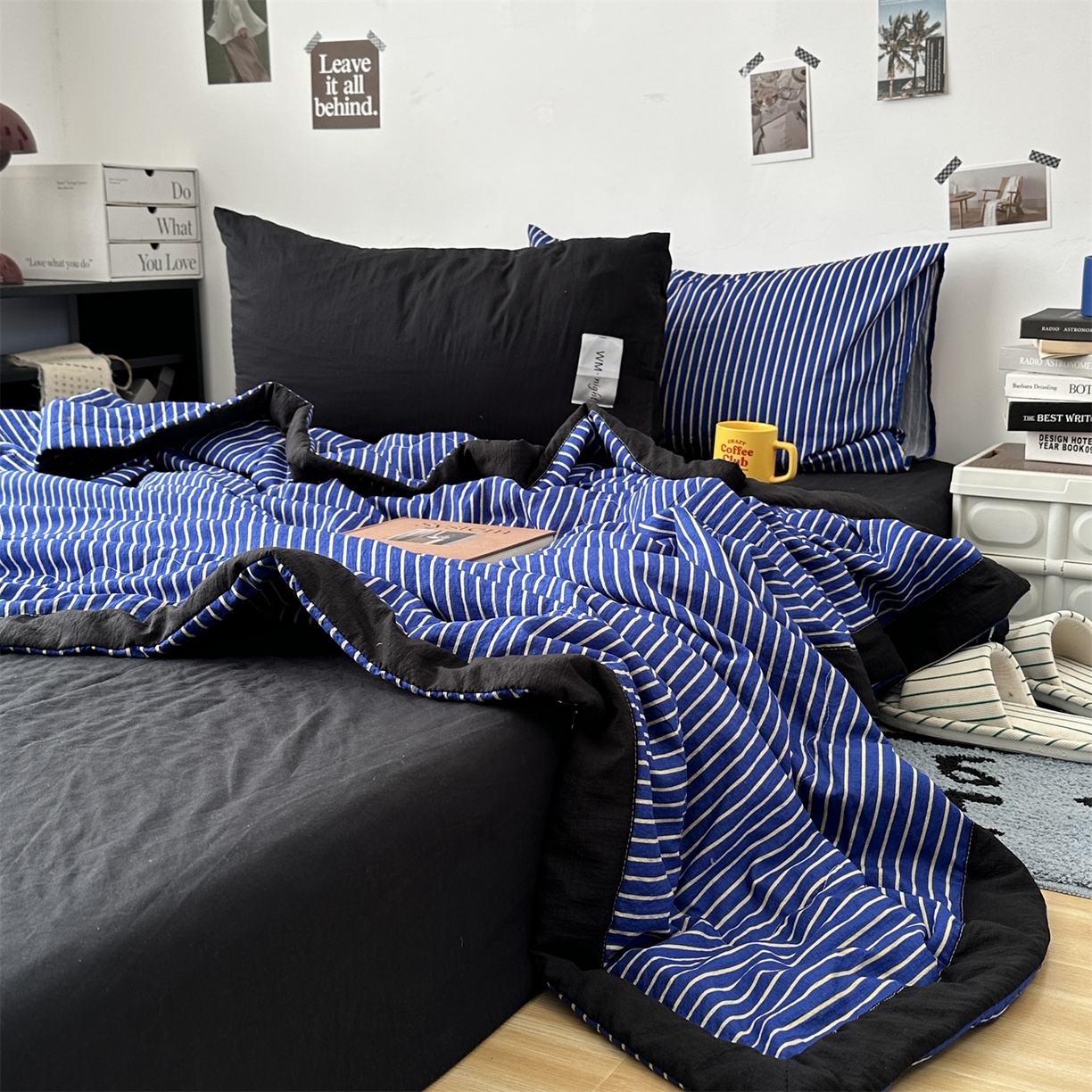 91家纺网 家纺一手货源 找家纺 拾一 2026新款简约日式条纹软糯水洗棉木棉夏凉被四件套单件空调被 夏凉被 克莱因蓝-白条