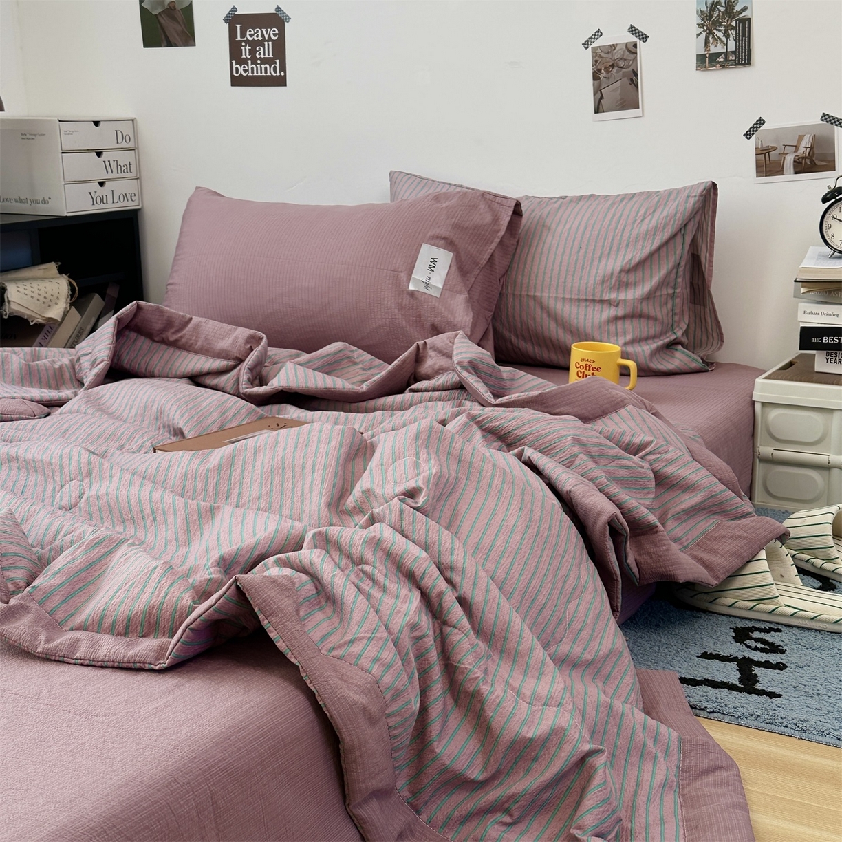 91家纺网 家纺一手货源 找家纺 拾一 2026新款简约日式条纹软糯水洗棉木棉夏凉被四件套单件空调被 夏凉被 紫-绿条