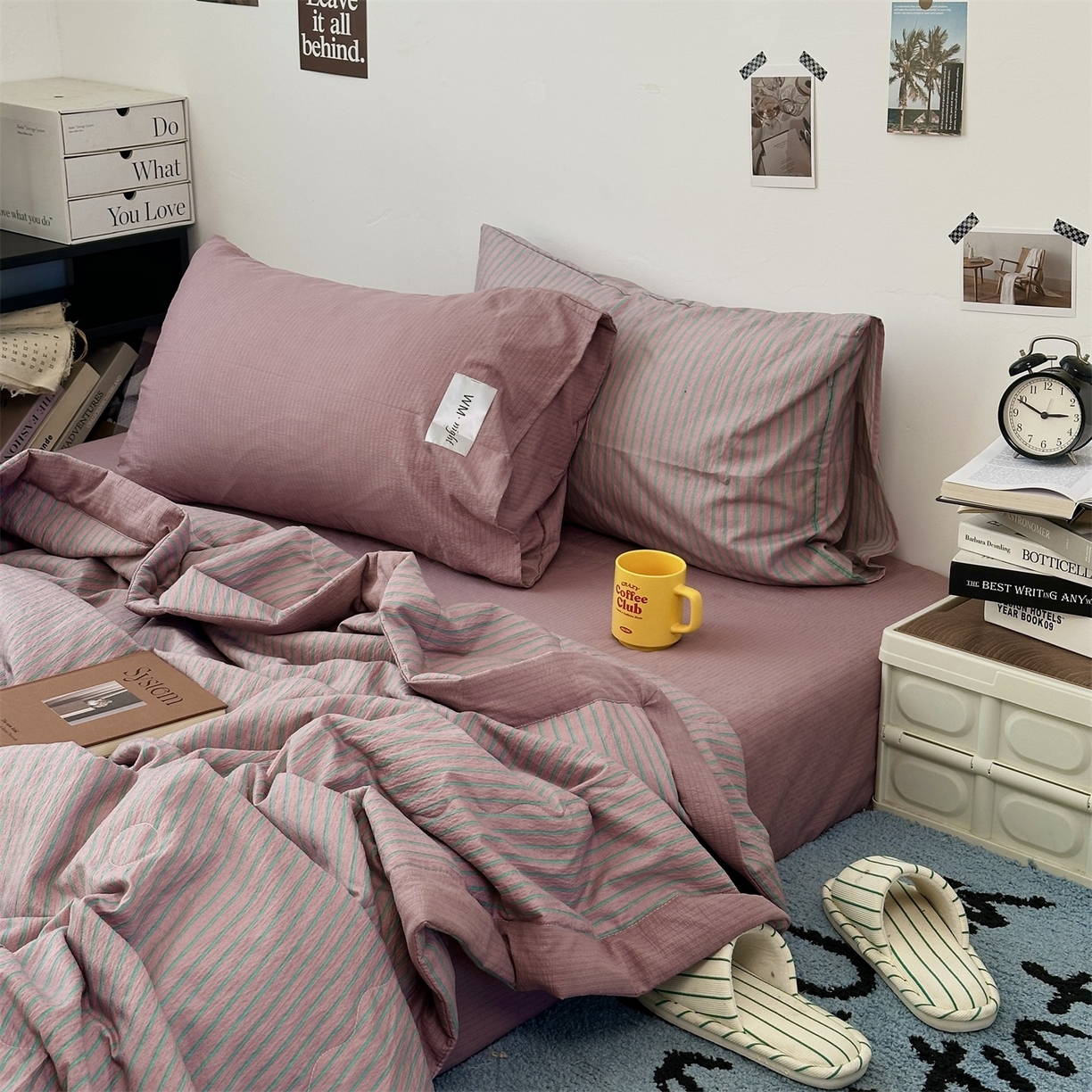 91家纺网 家纺一手货源 找家纺 拾一 2026新款简约日式条纹软糯水洗棉木棉夏凉被四件套单件空调被 夏凉被 紫-绿条