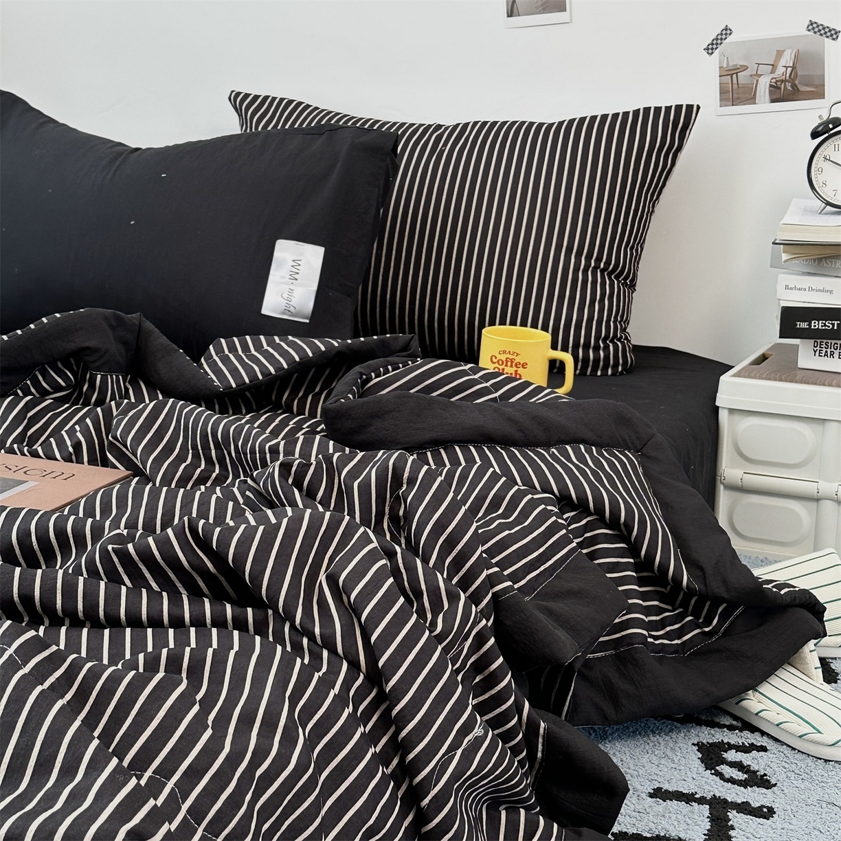 91家纺网 家纺一手货源 找家纺 拾一 2026新款简约日式条纹软糯水洗棉木棉夏凉被四件套单件空调被 夏凉被 黑-白条