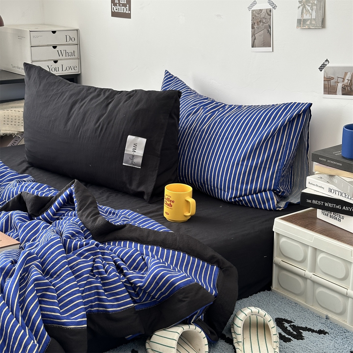 91家纺网 家纺一手货源 找家纺 拾一 2026新款简约日式条纹软糯水洗棉木棉夏凉被四件套单件空调被 夏凉被 克莱因蓝-白条