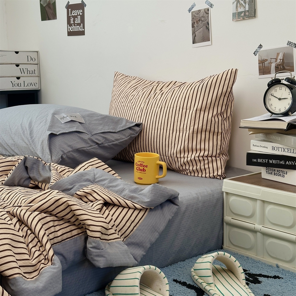 91家纺网 家纺一手货源 找家纺 拾一 2026新款简约日式条纹软糯水洗棉木棉夏凉被四件套单件空调被 夏凉被 奶茶-棕条