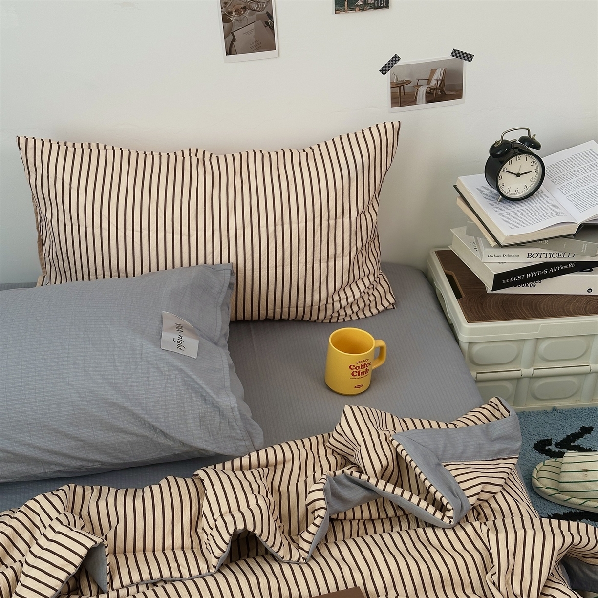 91家纺网 家纺一手货源 找家纺 拾一 2026新款简约日式条纹软糯水洗棉木棉夏凉被四件套单件空调被 夏凉被 奶茶-棕条