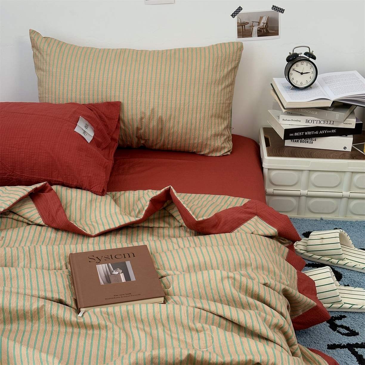 91家纺网 家纺一手货源 找家纺 拾一 2026新款简约日式条纹软糯水洗棉木棉夏凉被四件套单件空调被 夏凉被 浅咖-绿条