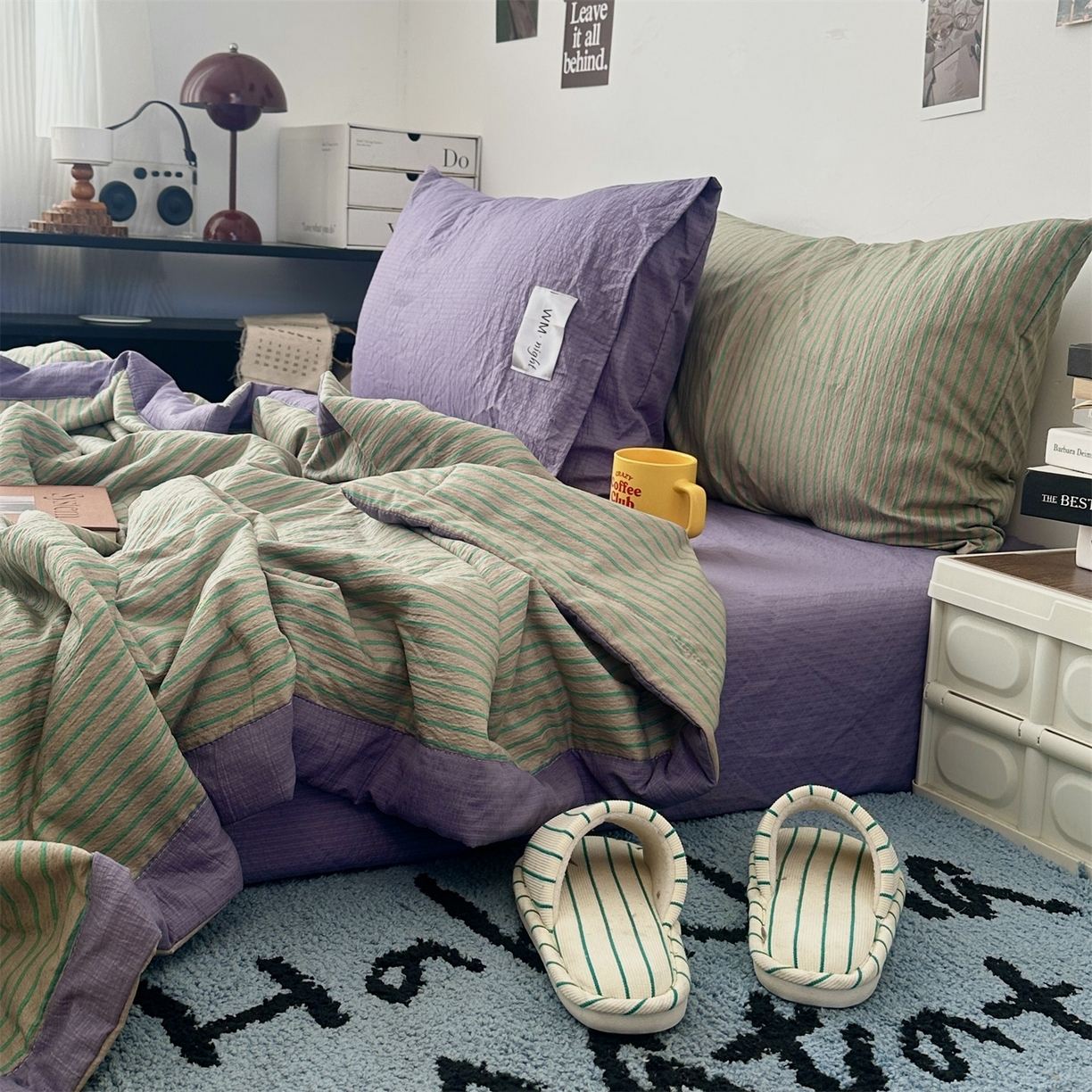 91家纺网 家纺一手货源 找家纺 拾一 2026新款简约日式条纹软糯水洗棉木棉夏凉被四件套单件空调被 夏凉被 草绿-绿条