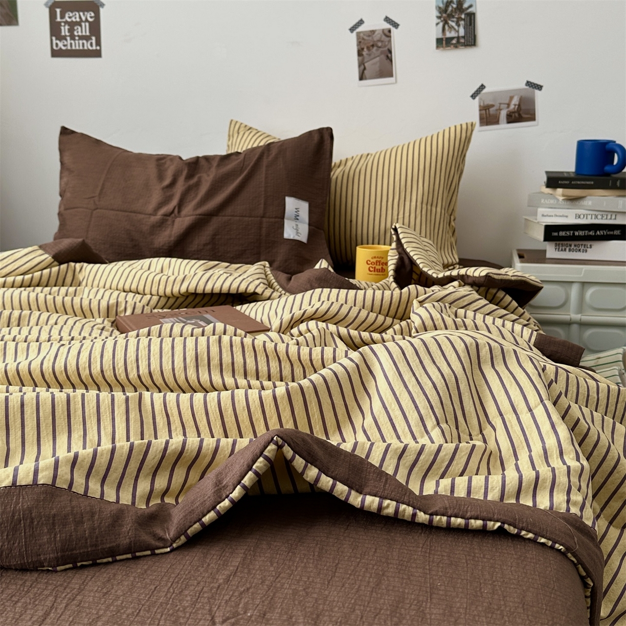 91家纺网 家纺一手货源 找家纺 拾一 2026新款简约日式条纹软糯水洗棉木棉夏凉被四件套单件空调被 夏凉被 黄-咖条