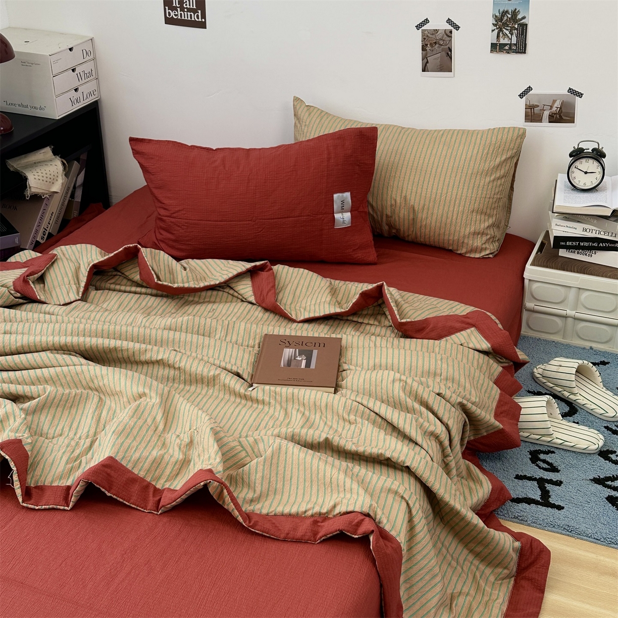 91家纺网 家纺一手货源 找家纺 拾一 2026新款简约日式条纹软糯水洗棉木棉夏凉被四件套单件空调被 夏凉被 浅咖-绿条