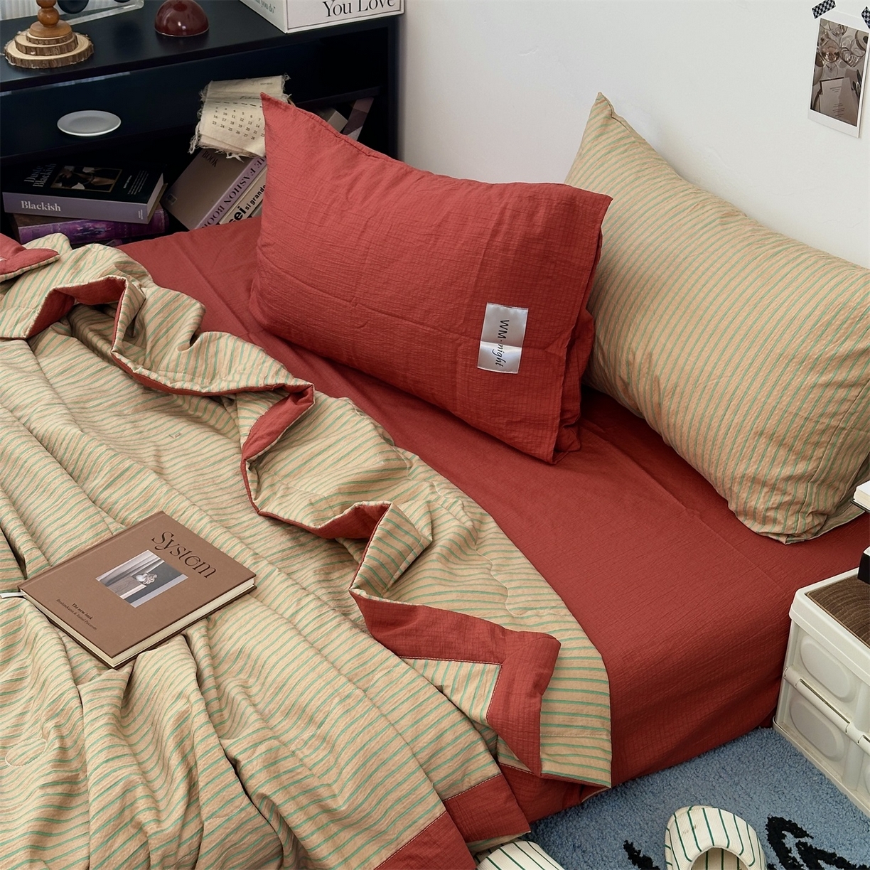 91家纺网 家纺一手货源 找家纺 拾一 2026新款简约日式条纹软糯水洗棉木棉夏凉被四件套单件空调被 夏凉被 浅咖-绿条