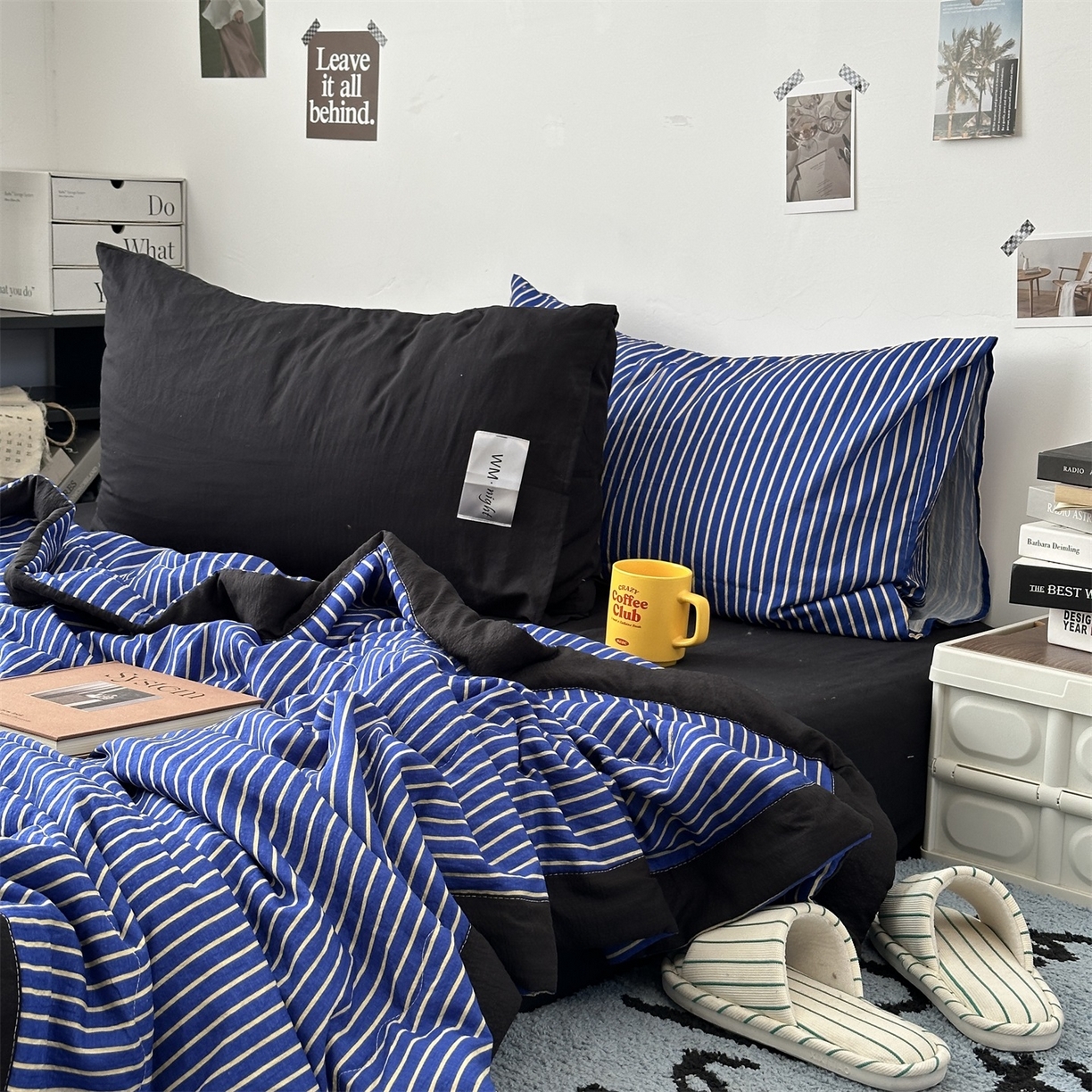 91家纺网 家纺一手货源 找家纺 拾一 2026新款简约日式条纹软糯水洗棉木棉夏凉被四件套单件空调被 夏凉被 克莱因蓝-白条