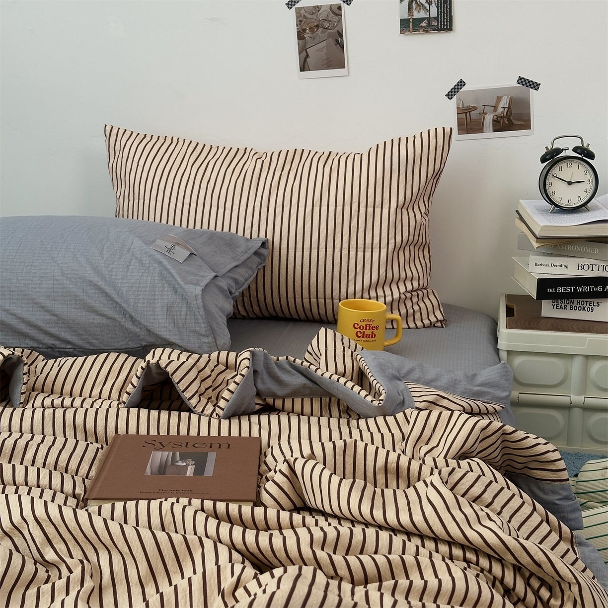 91家纺网 家纺一手货源 找家纺 拾一 2026新款简约日式条纹软糯水洗棉木棉夏凉被四件套单件空调被 夏凉被 奶茶-棕条