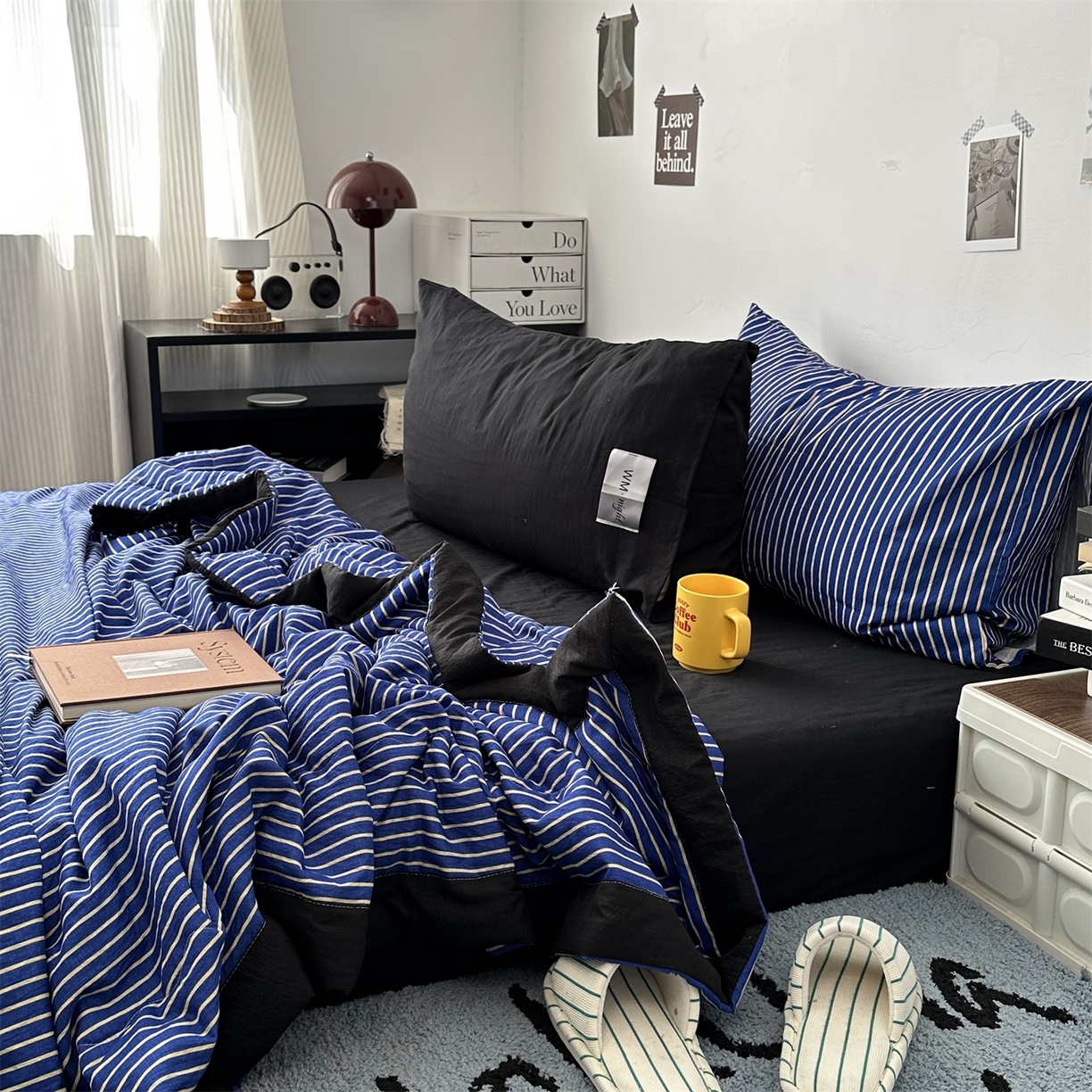 91家纺网 家纺一手货源 找家纺 拾一 2026新款简约日式条纹软糯水洗棉木棉夏凉被四件套单件空调被 夏凉被 克莱因蓝-白条