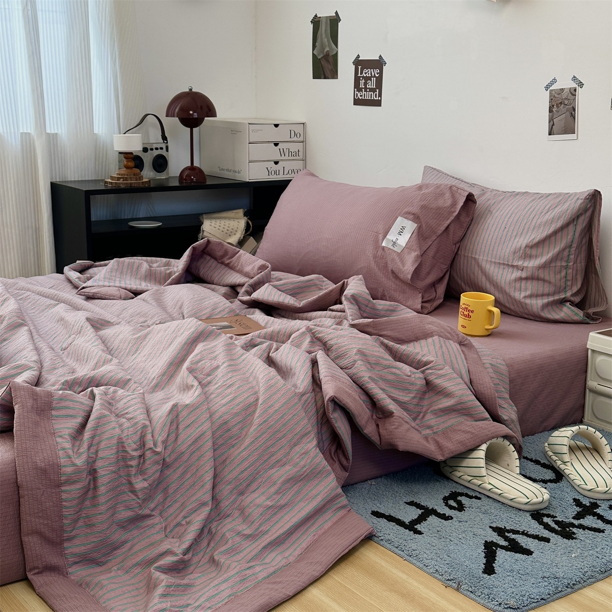 91家纺网 家纺一手货源 找家纺 拾一 2026新款简约日式条纹软糯水洗棉木棉夏凉被四件套单件空调被 夏凉被 紫-绿条