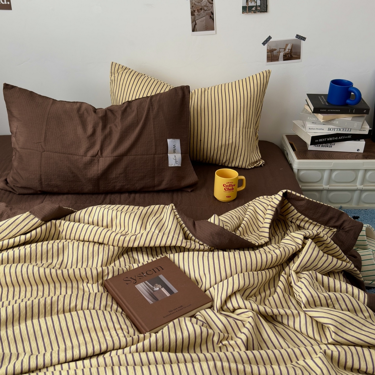 91家纺网 家纺一手货源 找家纺 拾一 2026新款简约日式条纹软糯水洗棉木棉夏凉被四件套单件空调被 夏凉被 黄-咖条