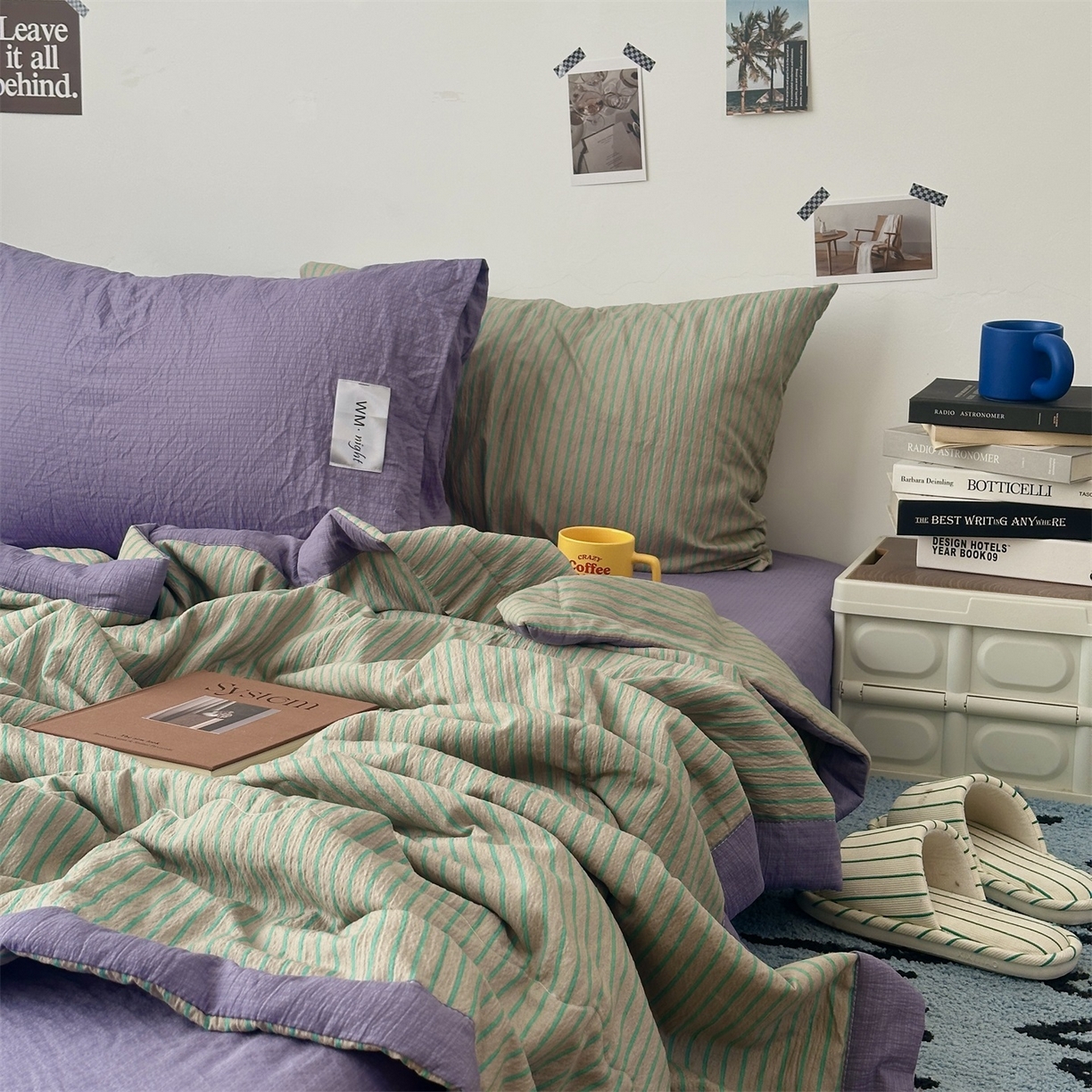 91家纺网 家纺一手货源 找家纺 拾一 2026新款简约日式条纹软糯水洗棉木棉夏凉被四件套单件空调被 夏凉被 草绿-绿条