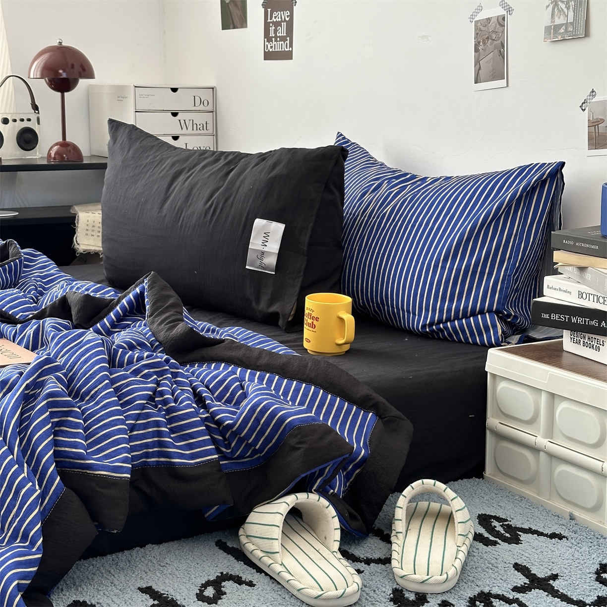 91家纺网 家纺一手货源 找家纺 拾一 2026新款简约日式条纹软糯水洗棉木棉夏凉被四件套单件空调被 夏凉被 克莱因蓝-白条