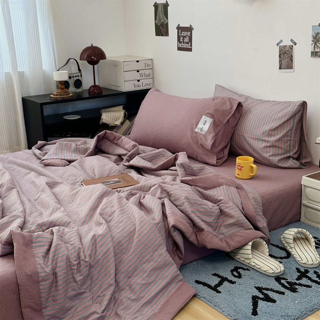 91家纺网 家纺一手货源 找家纺 拾一 2026新款简约日式条纹软糯水洗棉木棉夏凉被四件套单件空调被 夏凉被 紫-绿条