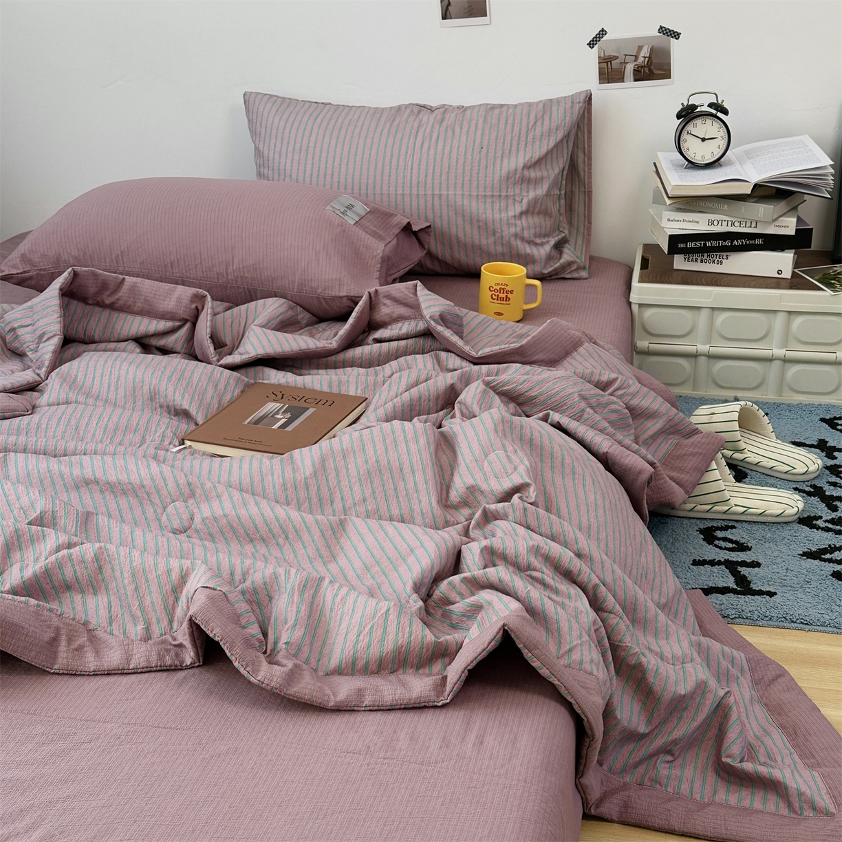 91家纺网 家纺一手货源 找家纺 拾一 2026新款简约日式条纹软糯水洗棉木棉夏凉被四件套单件空调被 夏凉被 紫-绿条