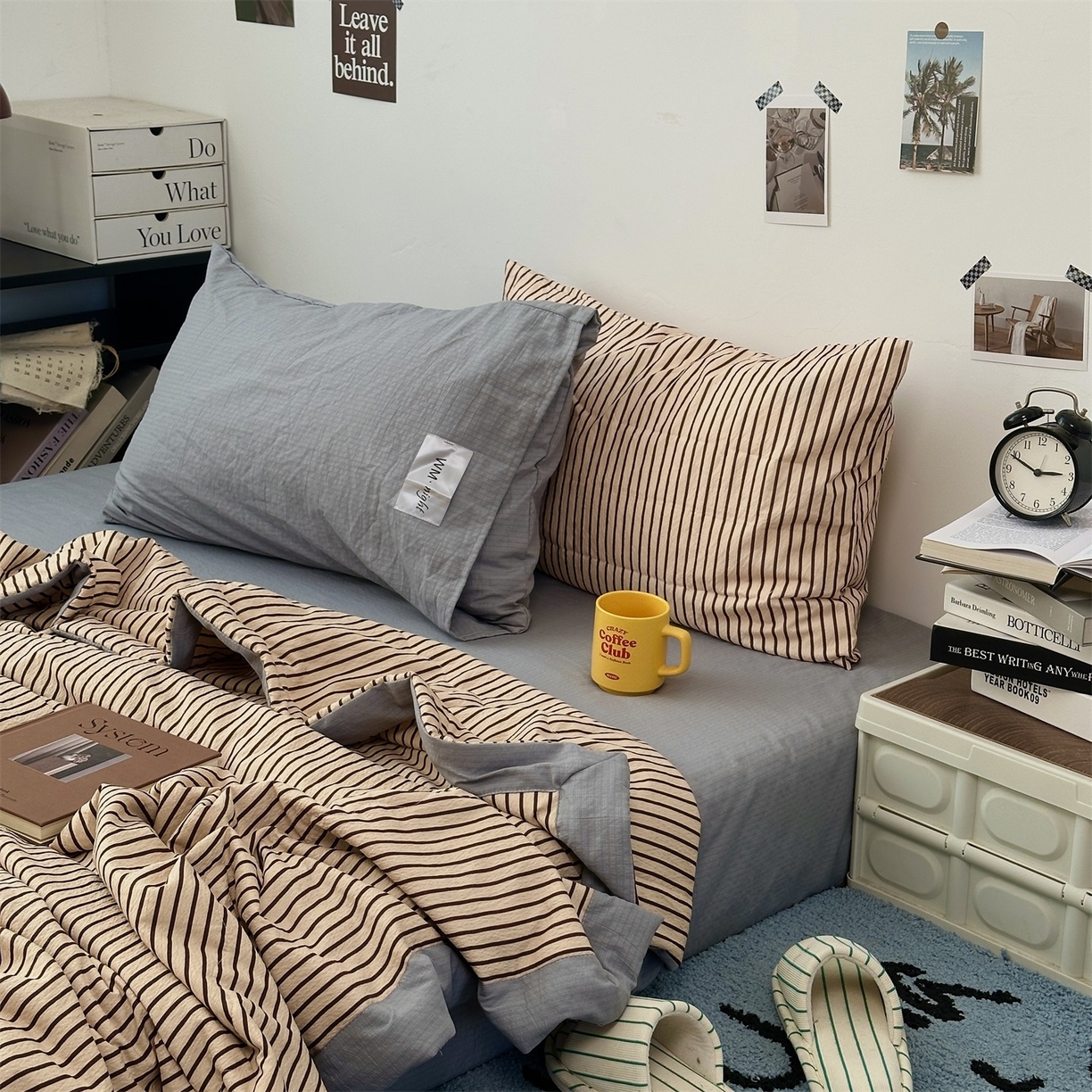 91家纺网 家纺一手货源 找家纺 拾一 2026新款简约日式条纹软糯水洗棉木棉夏凉被四件套单件空调被 夏凉被 奶茶-棕条