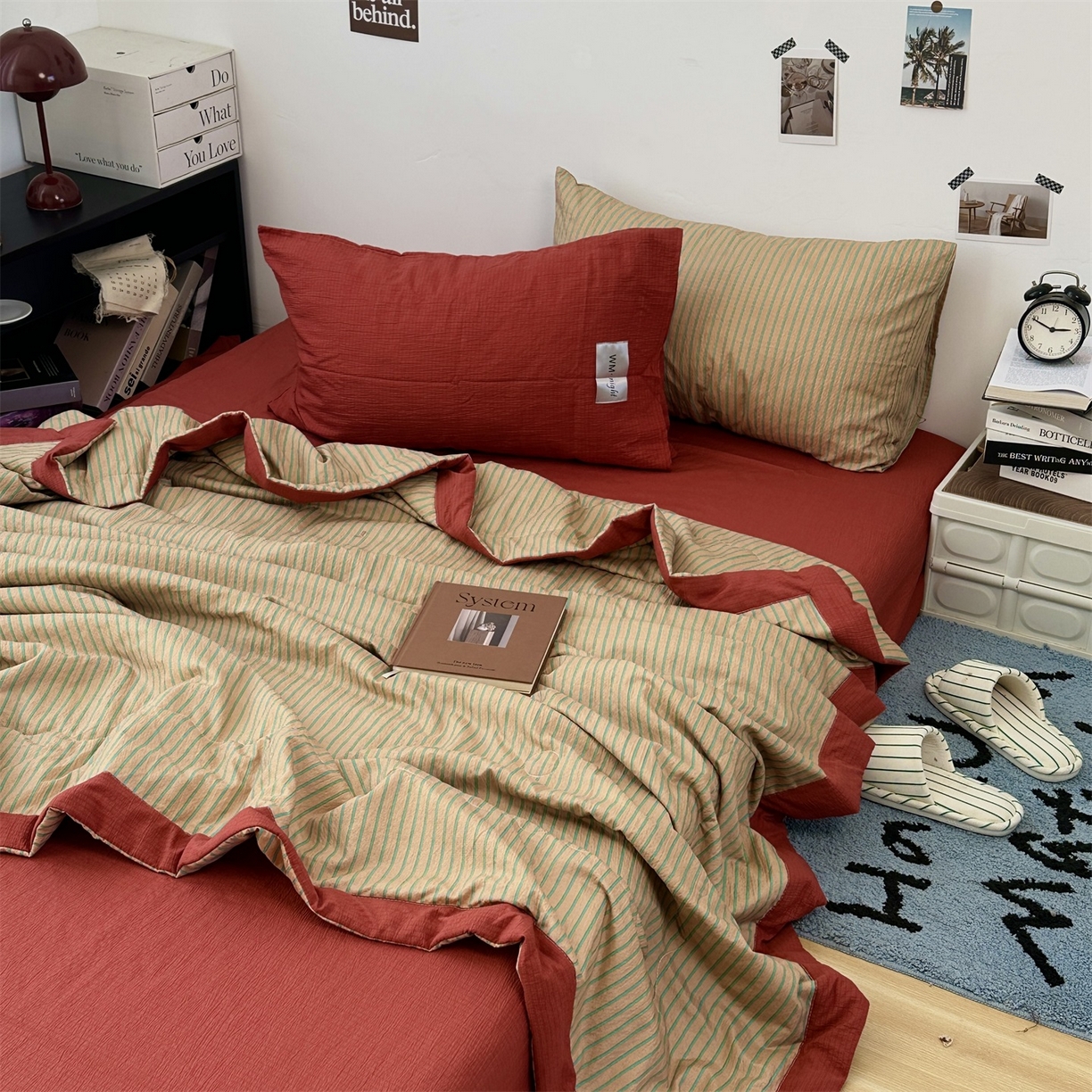 拾一 2026新款简约日式条纹软糯水洗棉木棉夏凉被四件套单件空调被 夏凉被 浅咖-绿条