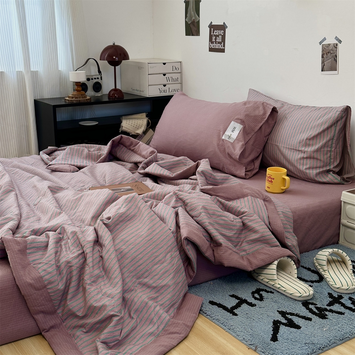 91家纺网 家纺一手货源 找家纺 拾一 2026新款简约日式条纹软糯水洗棉木棉夏凉被四件套单件空调被 夏凉被 紫-绿条