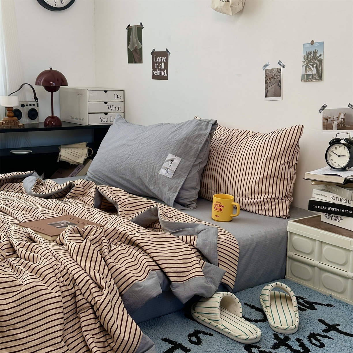 91家纺网 家纺一手货源 找家纺 拾一 2026新款简约日式条纹软糯水洗棉木棉夏凉被四件套单件空调被 夏凉被 奶茶-棕条