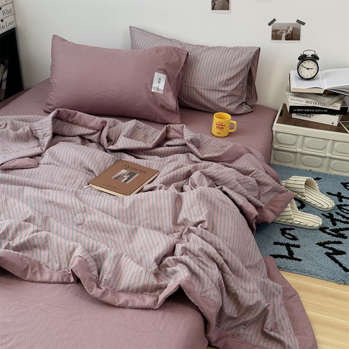 91家纺网 家纺一手货源 找家纺 拾一 2026新款简约日式条纹软糯水洗棉木棉夏凉被四件套单件空调被 夏凉被 紫-绿条