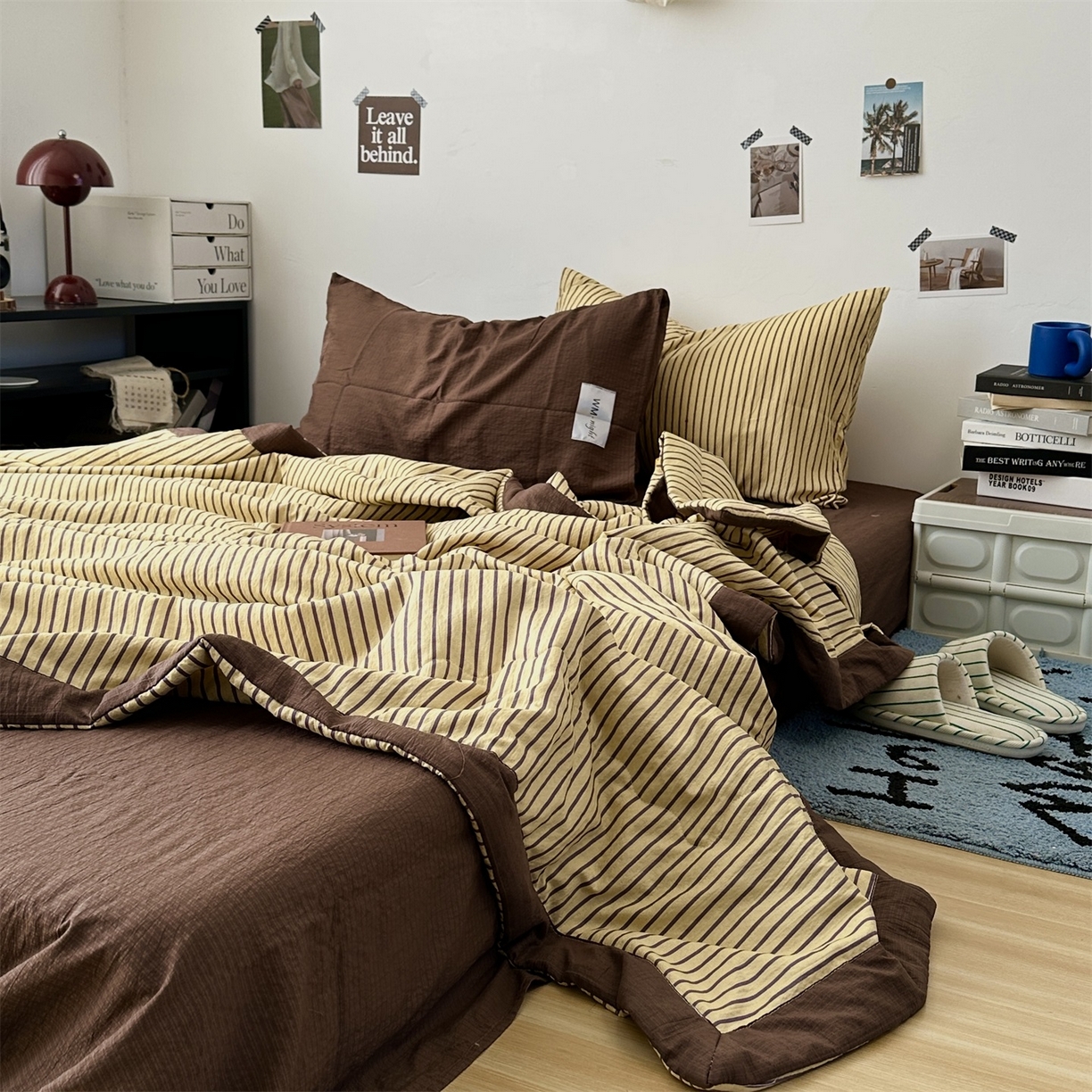 91家纺网 家纺一手货源 找家纺 拾一 2026新款简约日式条纹软糯水洗棉木棉夏凉被四件套单件空调被 夏凉被 黄-咖条