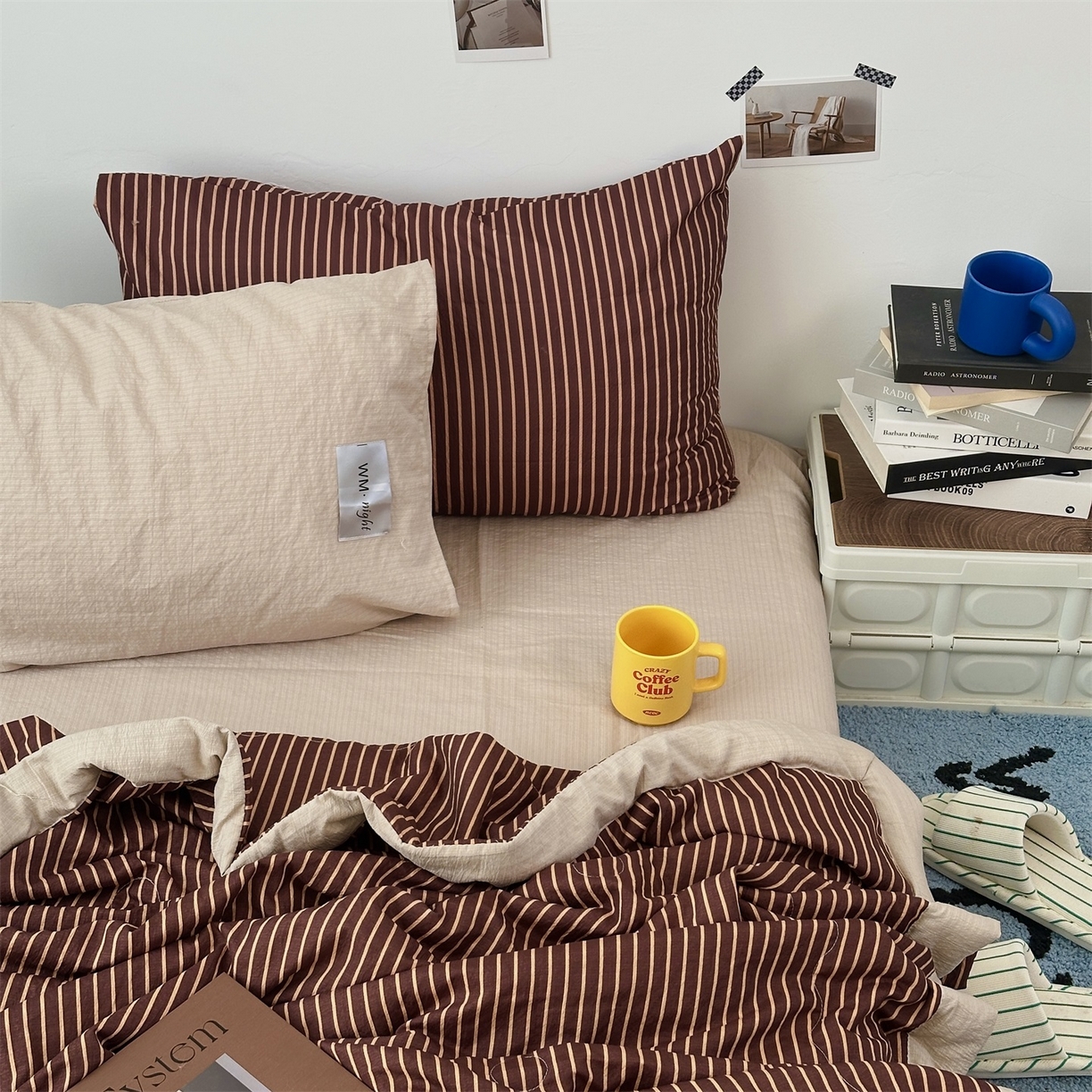 91家纺网 家纺一手货源 找家纺 拾一 2026新款简约日式条纹软糯水洗棉木棉夏凉被四件套单件空调被 夏凉被 棕-桔条