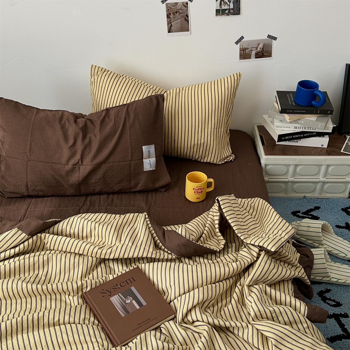 91家纺网 家纺一手货源 找家纺 拾一 2026新款简约日式条纹软糯水洗棉木棉夏凉被四件套单件空调被 夏凉被 黄-咖条