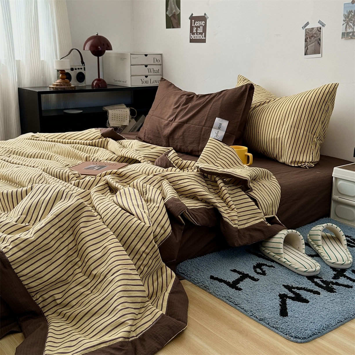 拾一 2026新款简约日式条纹软糯水洗棉木棉夏凉被四件套单件空调被 夏凉被 黄-咖条