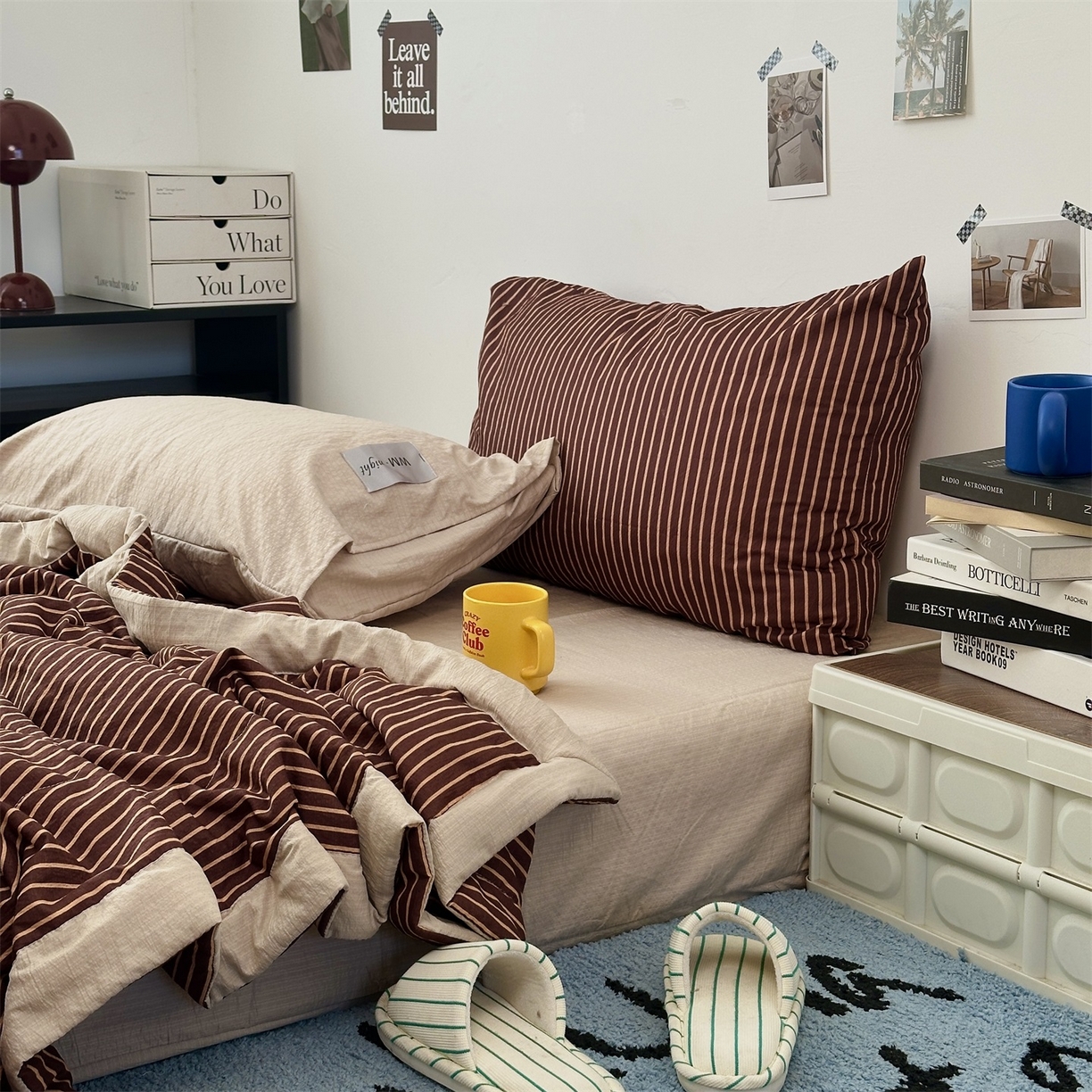 91家纺网 家纺一手货源 找家纺 拾一 2026新款简约日式条纹软糯水洗棉木棉夏凉被四件套单件空调被 夏凉被 棕-桔条