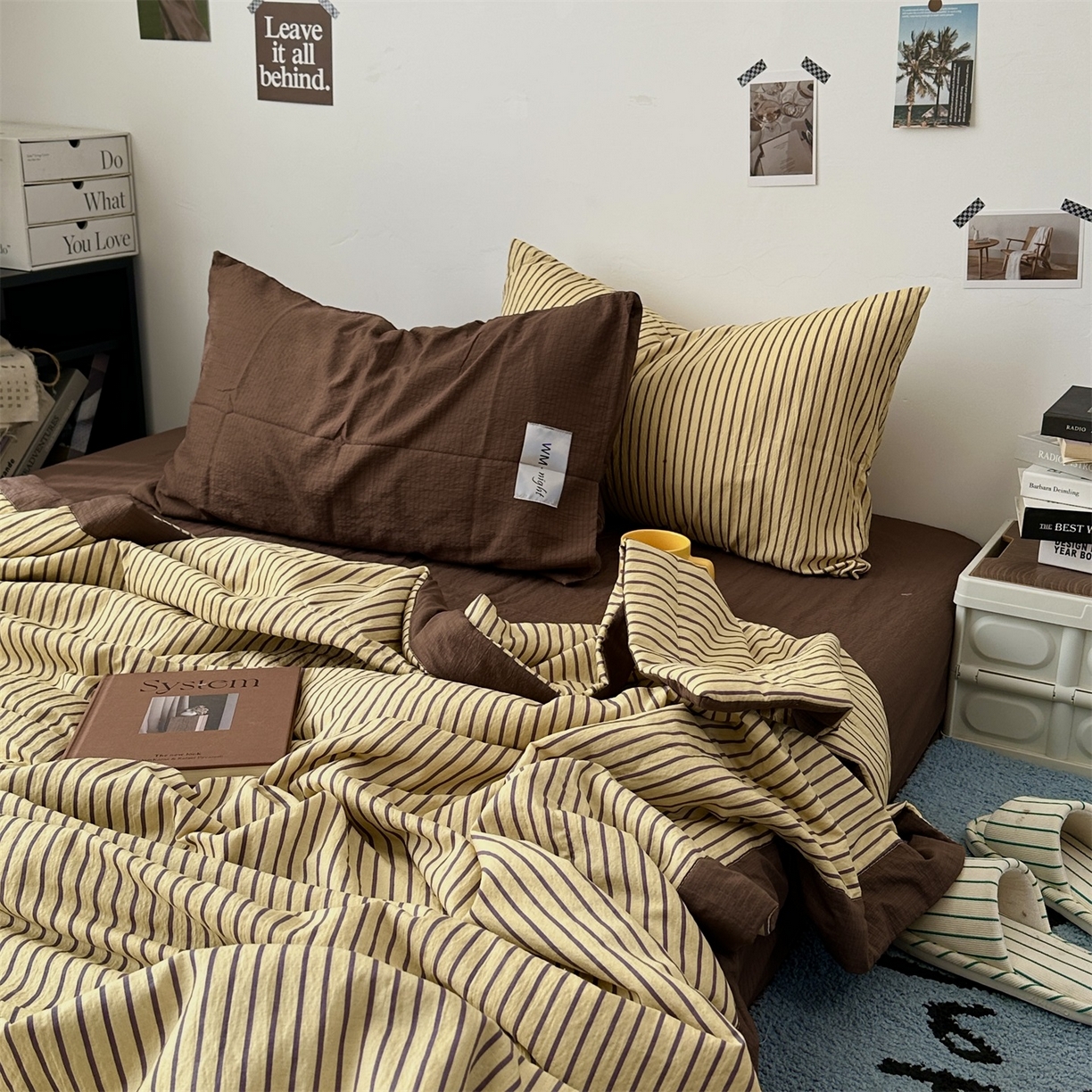 91家纺网 家纺一手货源 找家纺 拾一 2026新款简约日式条纹软糯水洗棉木棉夏凉被四件套单件空调被 夏凉被 黄-咖条