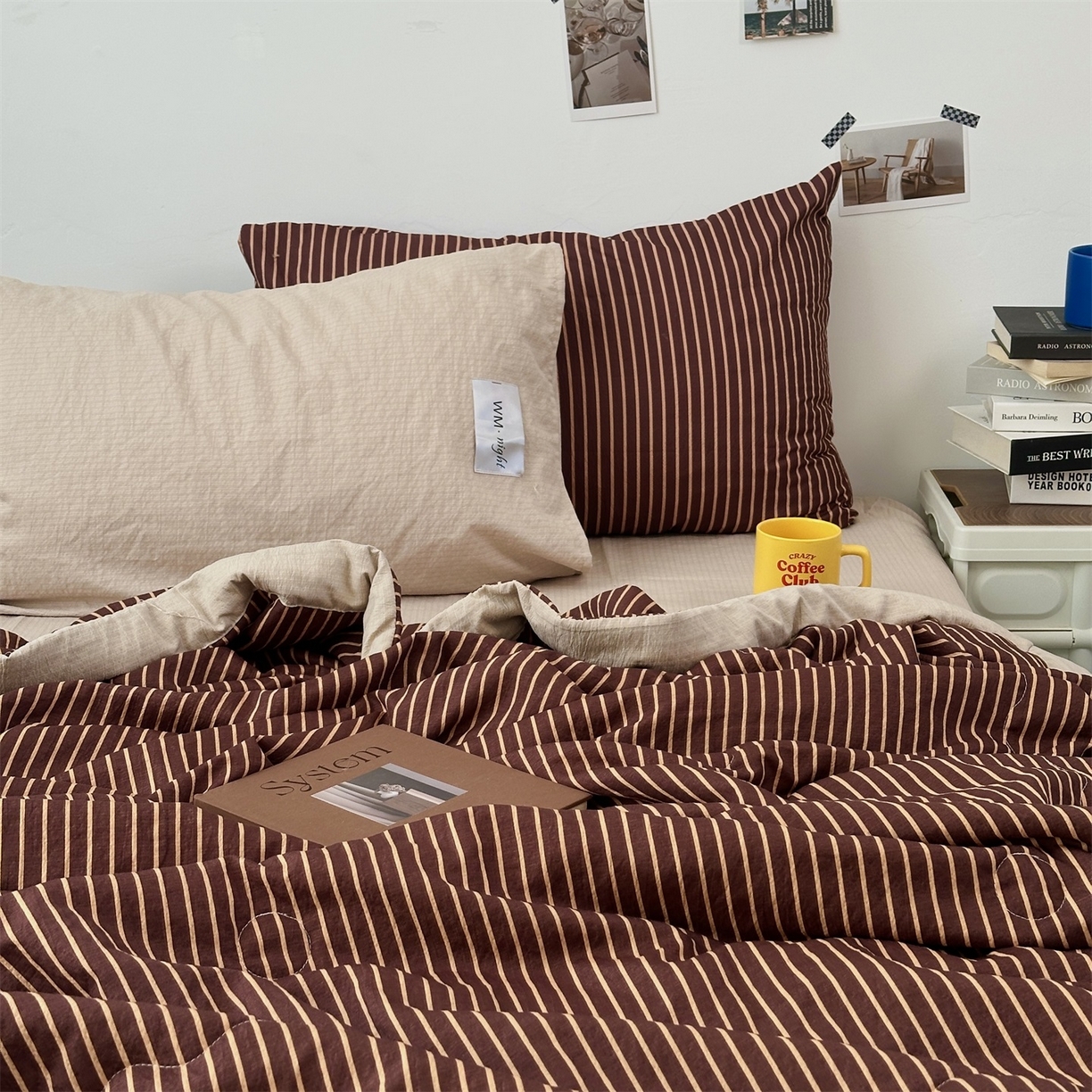 91家纺网 家纺一手货源 找家纺 拾一 2026新款简约日式条纹软糯水洗棉木棉夏凉被四件套单件空调被 夏凉被 棕-桔条