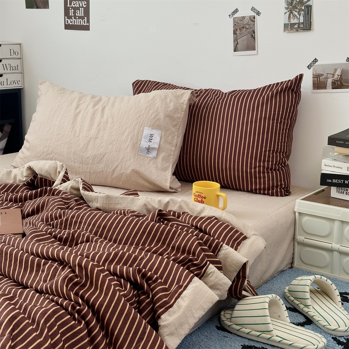 91家纺网 家纺一手货源 找家纺 拾一 2026新款简约日式条纹软糯水洗棉木棉夏凉被四件套单件空调被 夏凉被 棕-桔条