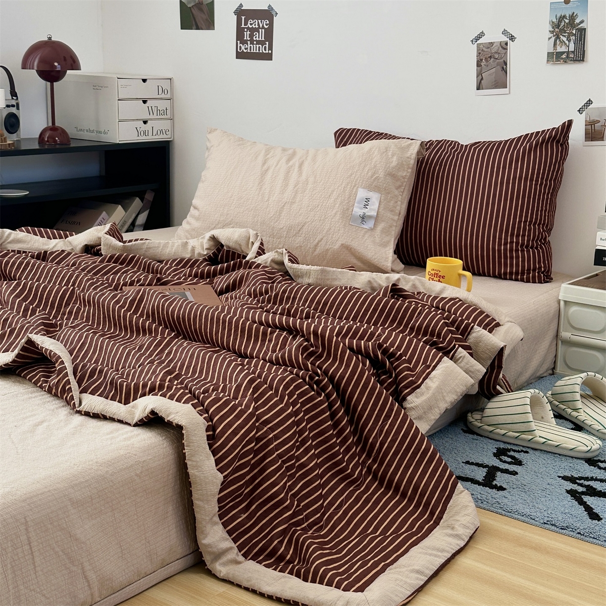 91家纺网 家纺一手货源 找家纺 拾一 2026新款简约日式条纹软糯水洗棉木棉夏凉被四件套单件空调被 夏凉被 棕-桔条