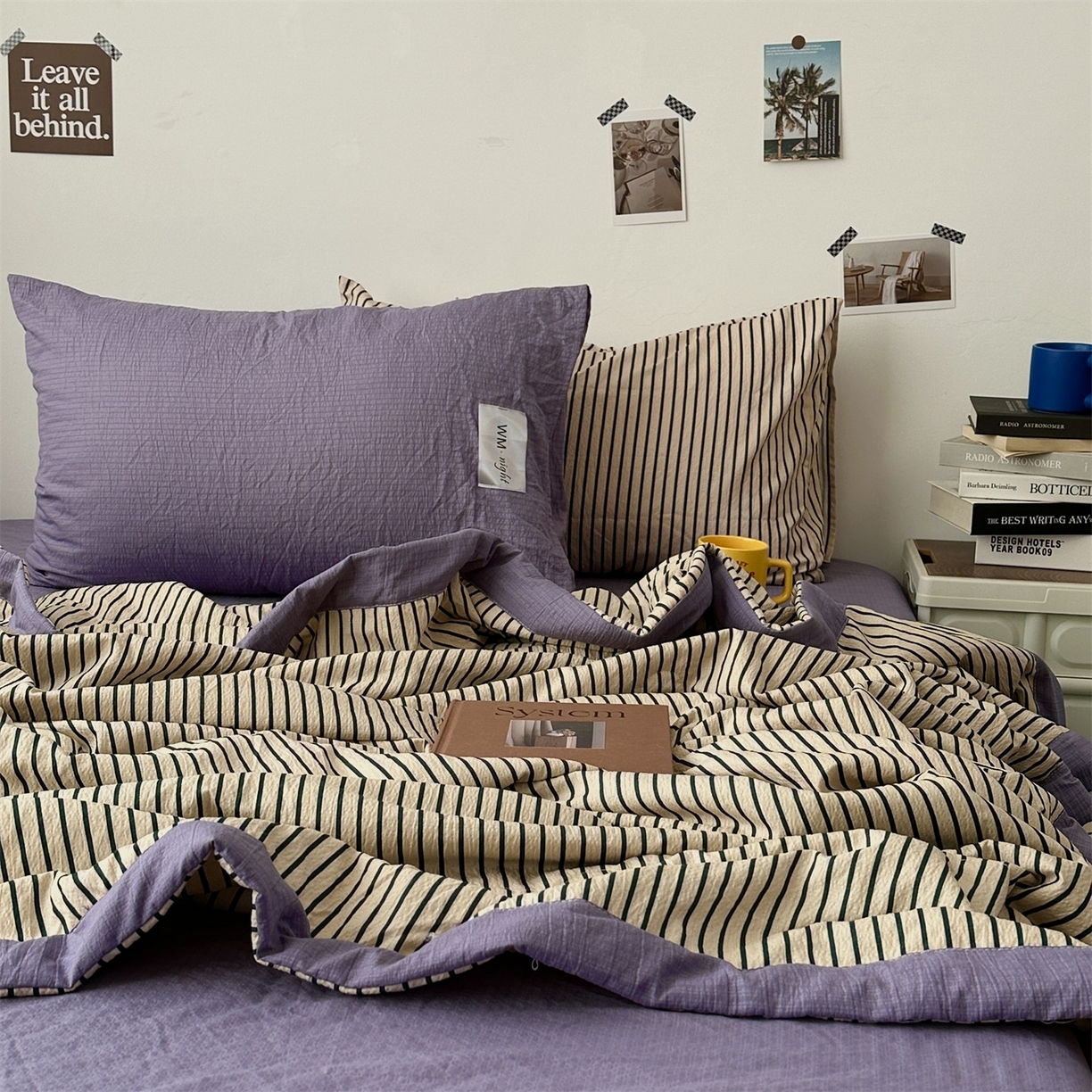 91家纺网 家纺一手货源 找家纺 拾一 2026新款简约日式条纹软糯水洗棉木棉夏凉被四件套单件空调被 夏凉被 卡其-绿条