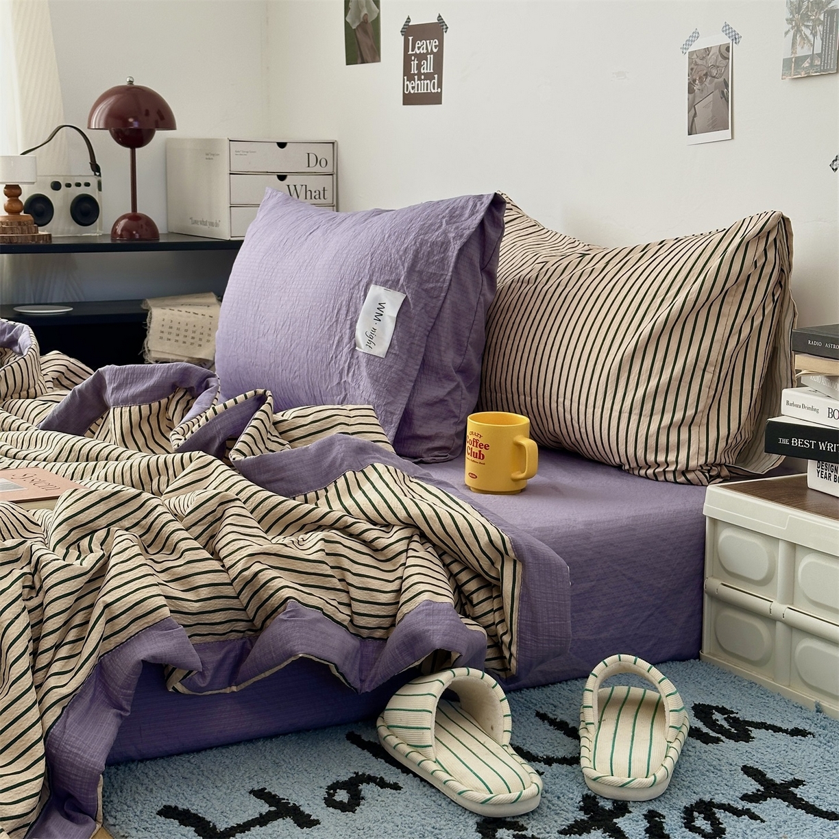 91家纺网 家纺一手货源 找家纺 拾一 2026新款简约日式条纹软糯水洗棉木棉夏凉被四件套单件空调被 夏凉被 卡其-绿条