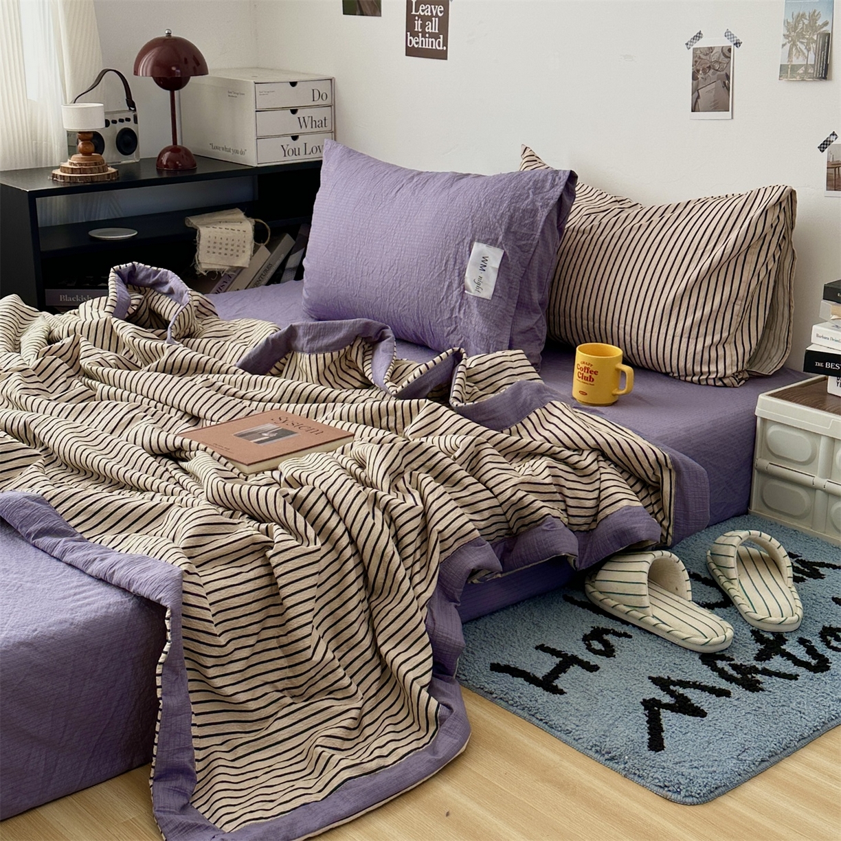 91家纺网 家纺一手货源 找家纺 拾一 2026新款简约日式条纹软糯水洗棉木棉夏凉被四件套单件空调被 夏凉被 卡其-绿条