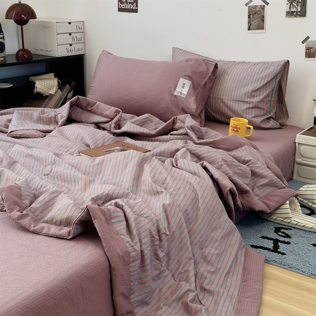 拾一 2026新款简约日式条纹软糯水洗棉木棉夏凉被四件套单件空调被 夏凉被 紫-绿条