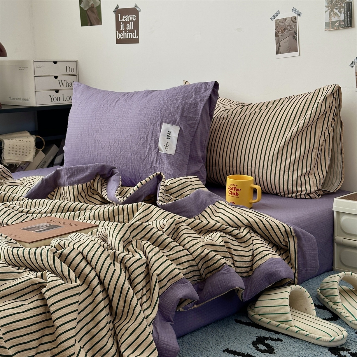 91家纺网 家纺一手货源 找家纺 拾一 2026新款简约日式条纹软糯水洗棉木棉夏凉被四件套单件空调被 夏凉被 卡其-绿条