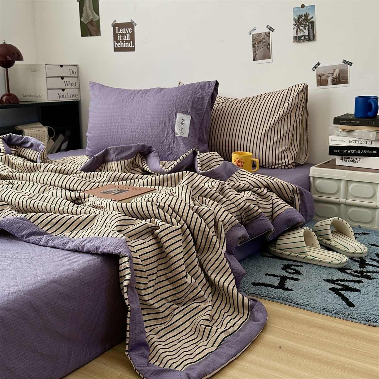 91家纺网 家纺一手货源 找家纺 拾一 2026新款简约日式条纹软糯水洗棉木棉夏凉被四件套单件空调被 夏凉被 卡其-绿条