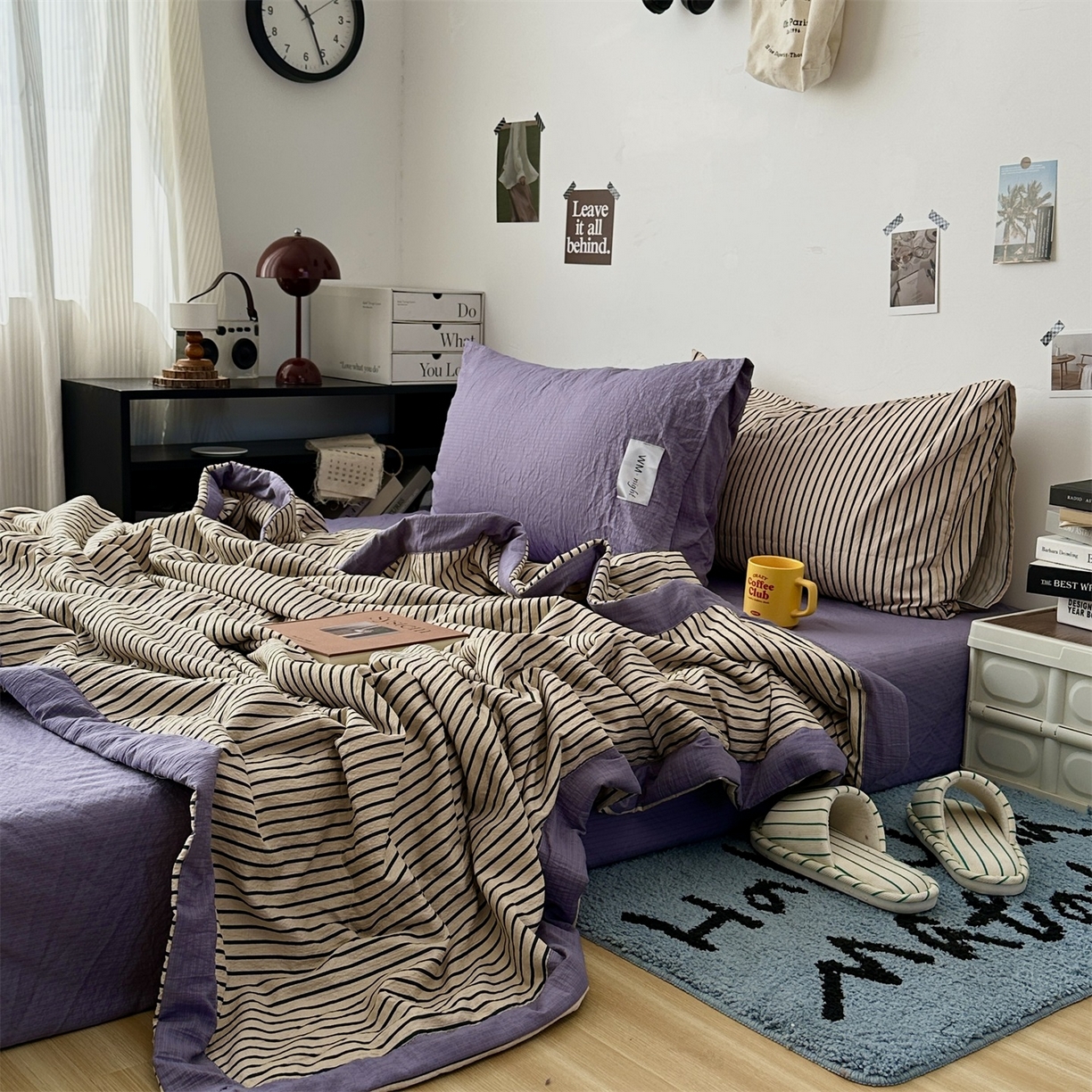 91家纺网 家纺一手货源 找家纺 拾一 2026新款简约日式条纹软糯水洗棉木棉夏凉被四件套单件空调被 夏凉被 卡其-绿条