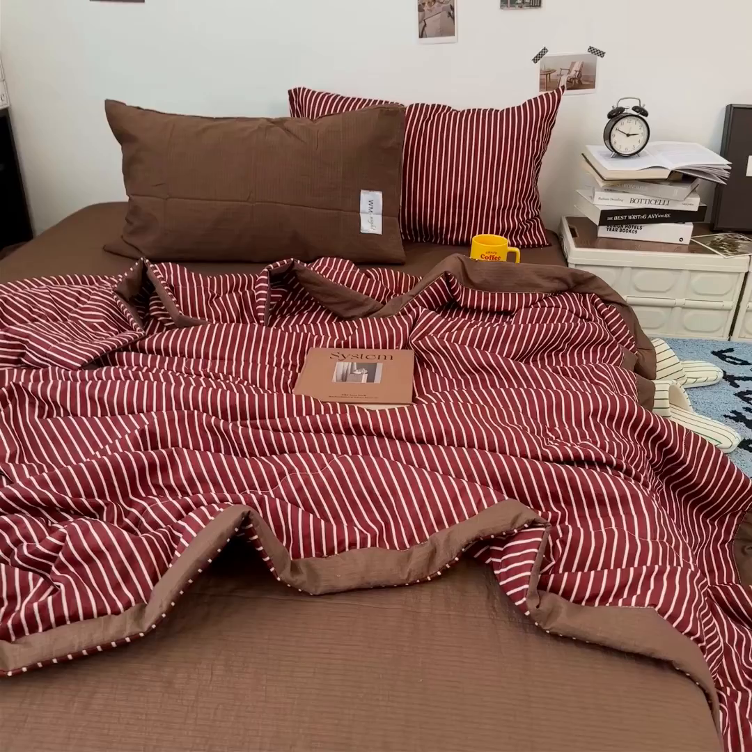 91家纺网 家纺一手货源 找家纺 （总）拾一 2026新款简约日式条纹软糯水洗棉木棉夏凉被四件套单件空调被
