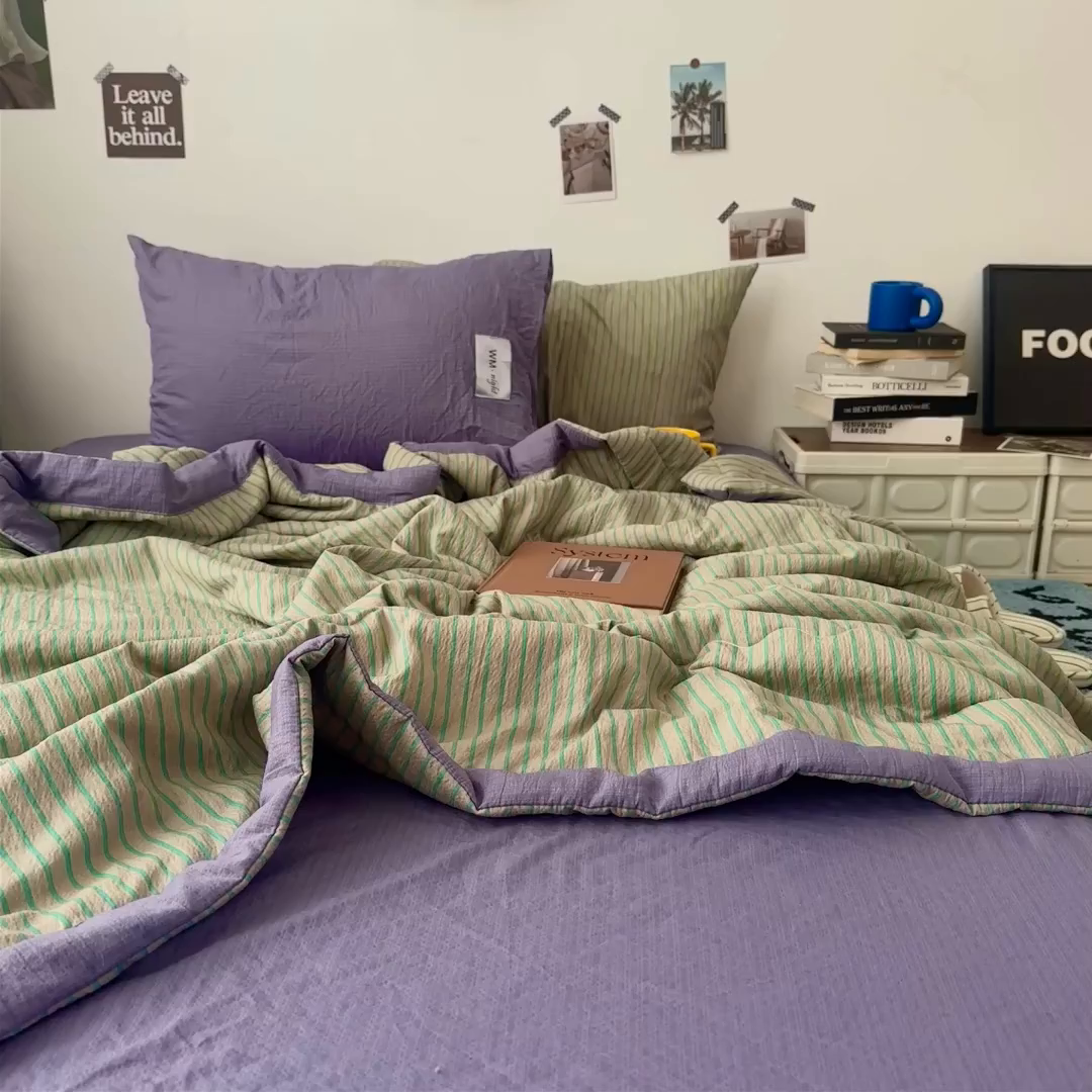 91家纺网 家纺一手货源 找家纺 拾一 2026新款简约日式条纹软糯水洗棉木棉夏凉被四件套单件空调被 夏凉被 草绿-绿条