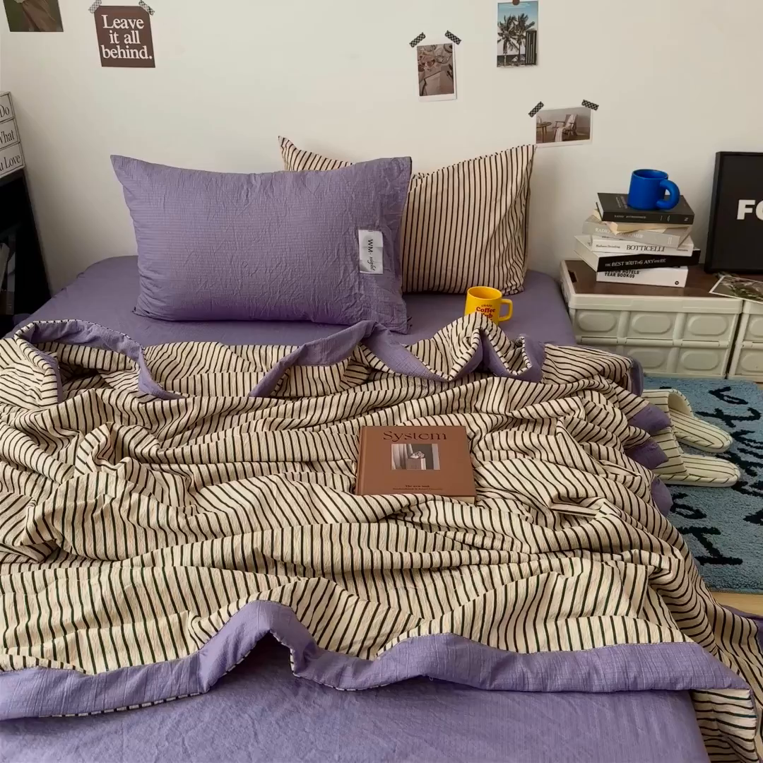 91家纺网 家纺一手货源 找家纺 拾一 2026新款简约日式条纹软糯水洗棉木棉夏凉被四件套单件空调被 夏凉被 卡其-绿条