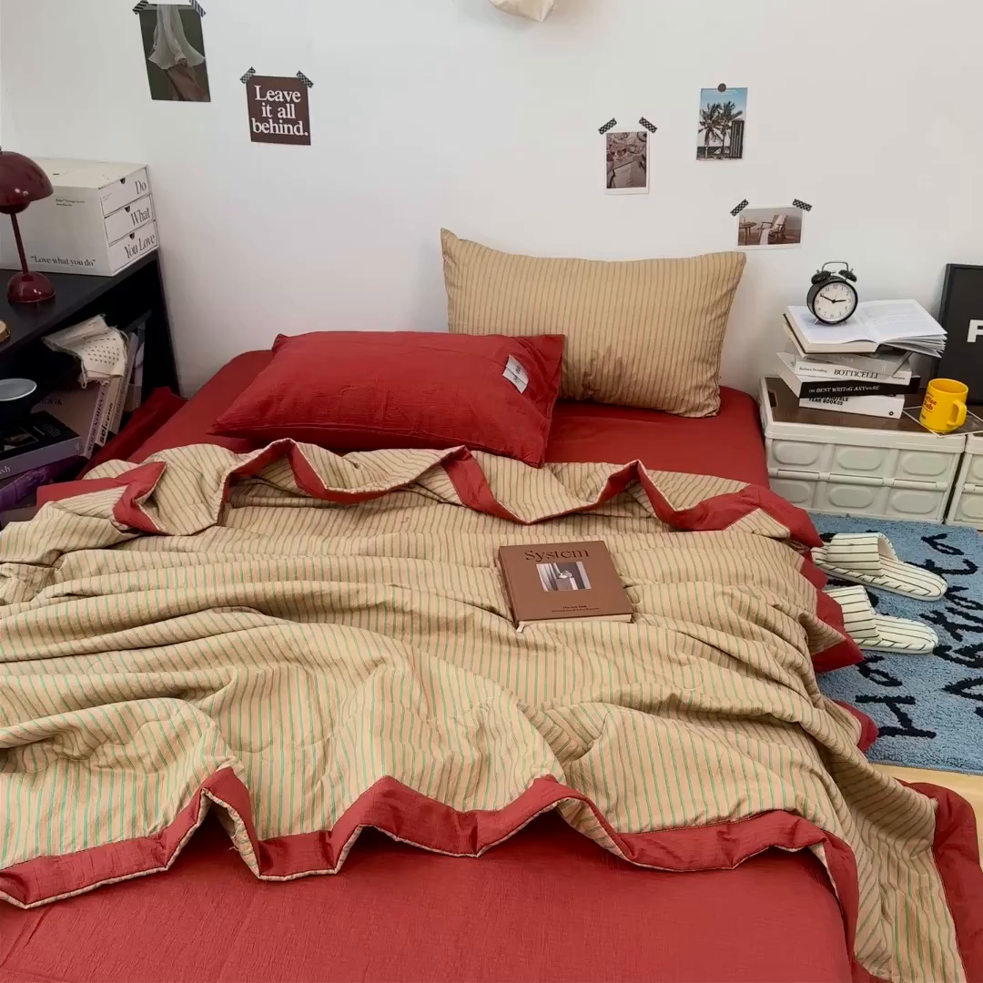 91家纺网 家纺一手货源 找家纺 拾一 2026新款简约日式条纹软糯水洗棉木棉夏凉被四件套单件空调被 夏凉被 浅咖-绿条