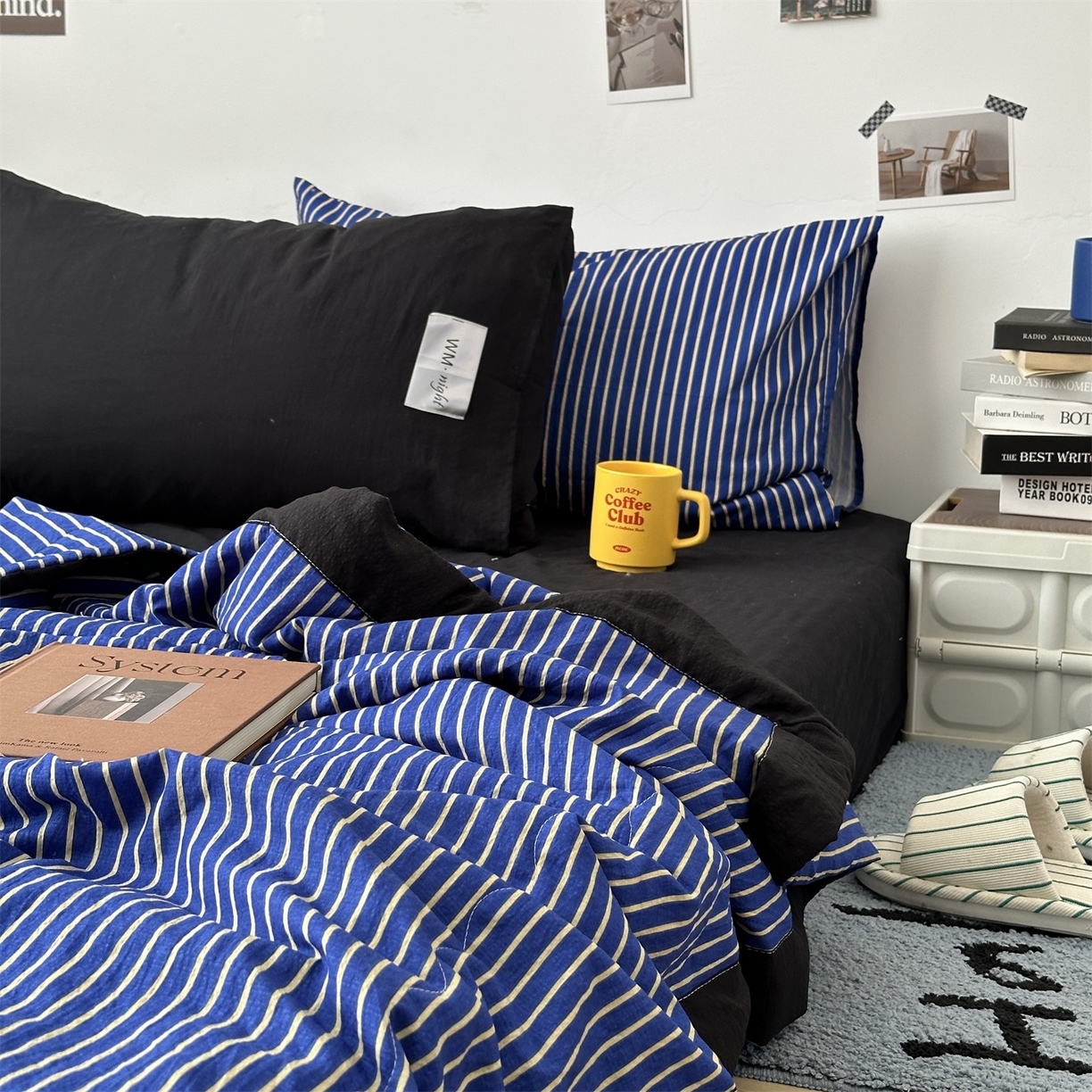 91家纺网 家纺一手货源 找家纺 拾一 2026新款简约日式条纹软糯水洗棉木棉夏凉被四件套单件空调被 夏凉被 克莱因蓝-白条